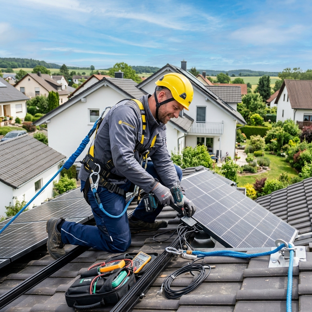 Solarteur installiert PV-Module auf Hausdach
